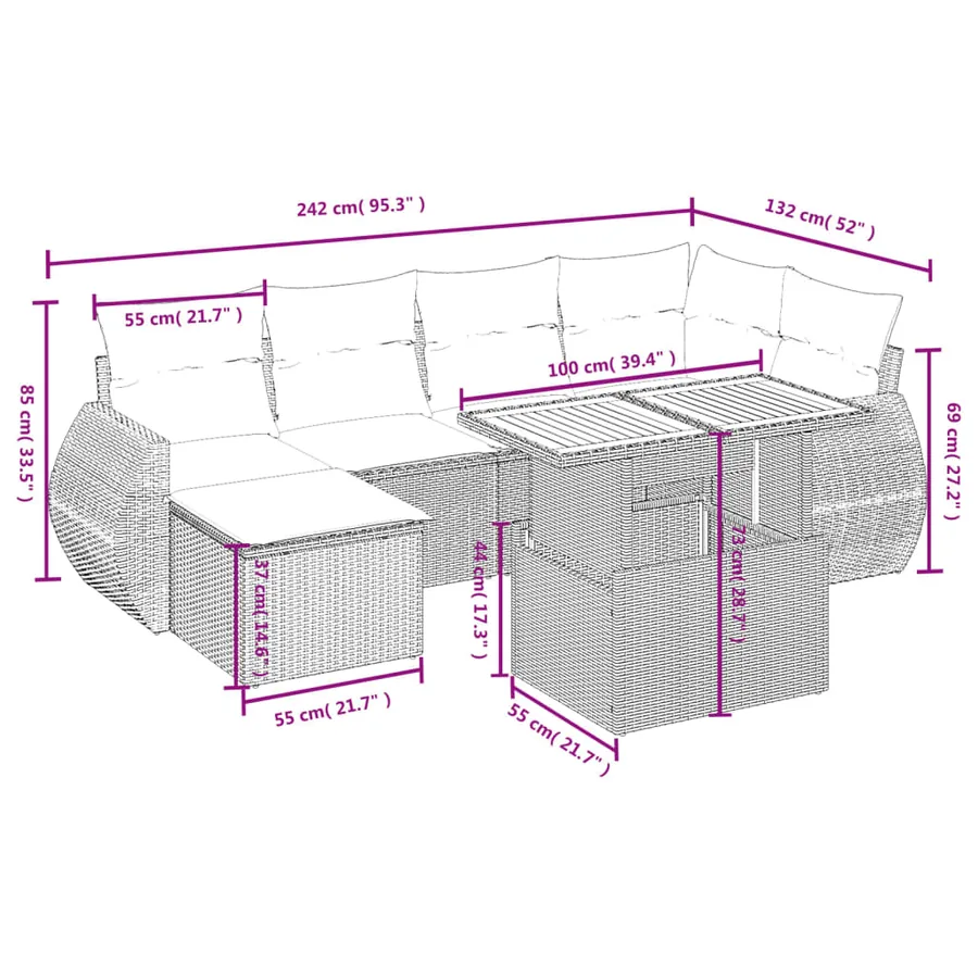 Salon de jardin 7 pcs avec coussins noir résine tressée 62 x 62 x 69 cm - 63,1 kg - 3