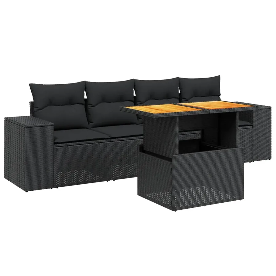 Salon de jardin 5 pcs avec coussins noir résine tressée - 2