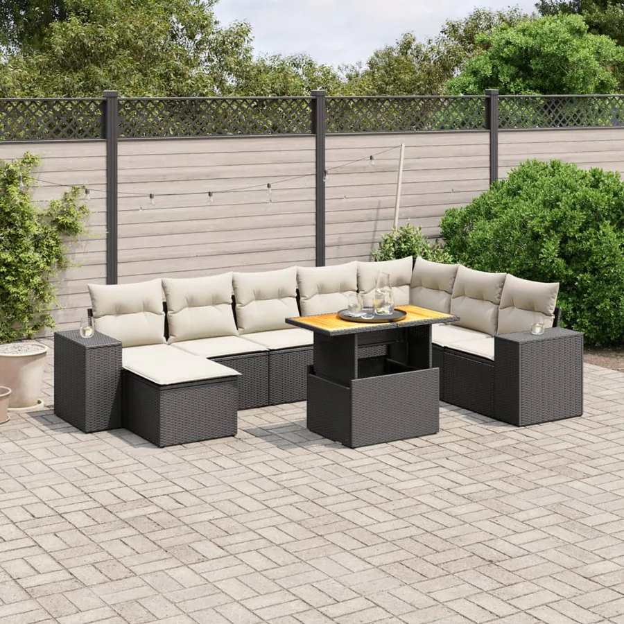 Salon de jardin 9 pcs avec coussins noir résine tressée
