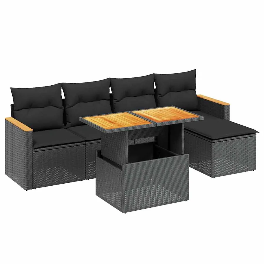 Salon de jardin 6 pcs avec coussins noir résine tressée - 2