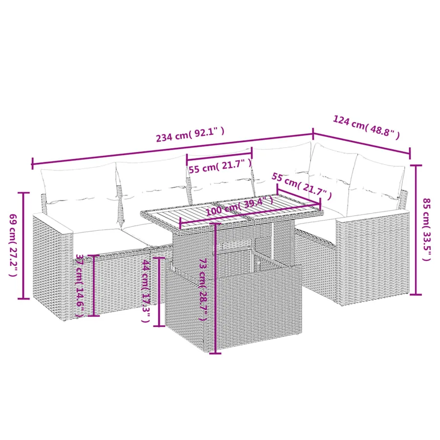 Salon de jardin 6 pcs avec coussins noir résine tressée - 3