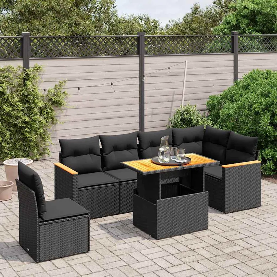 Salon de jardin 7 pcs avec coussins noir résine tressée 62 x 62 x 69 cm - 61,9 kg