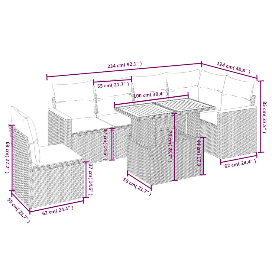 Salon de jardin 7 pcs avec coussins noir résine tressée 62 x 62 x 69 cm - 61,9 kg - 5