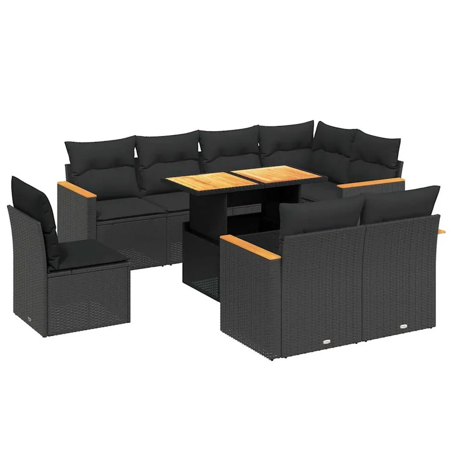 Salon de jardin 9 pcs avec coussins noir résine tressée - 2