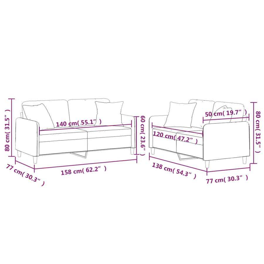 Ensemble de canapés 2 pcs avec coussins jaune clair tissu - 9