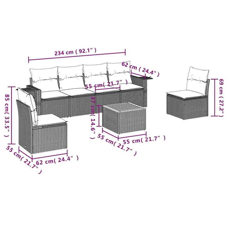 Salon de jardin 7 pcs avec coussins noir résine tressée 55 x 62 x 69 cm - 58,2 kg - 3