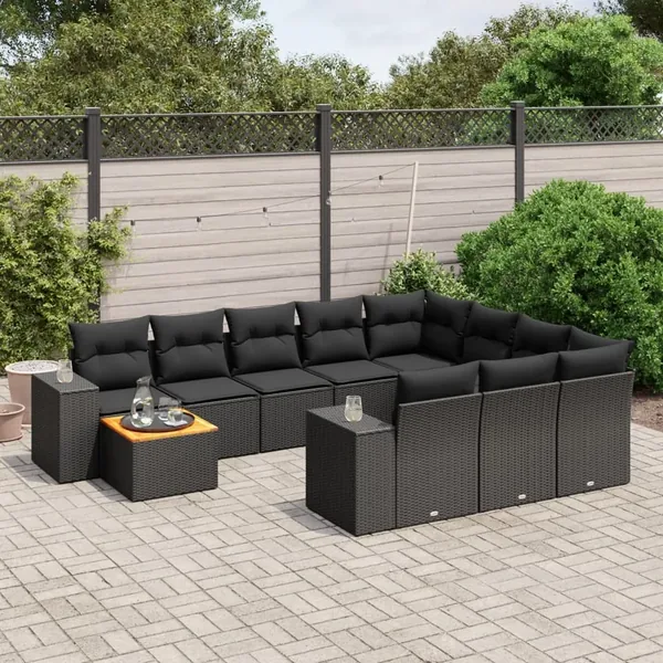 Salon de jardin 11 pcs avec coussins noir résine tressée