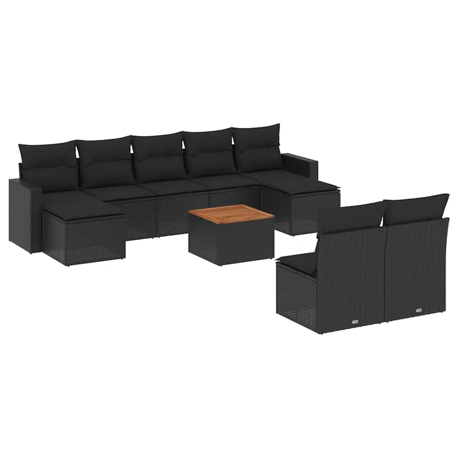 Salon de jardin 10 pcs avec coussins noir résine tressée - 2