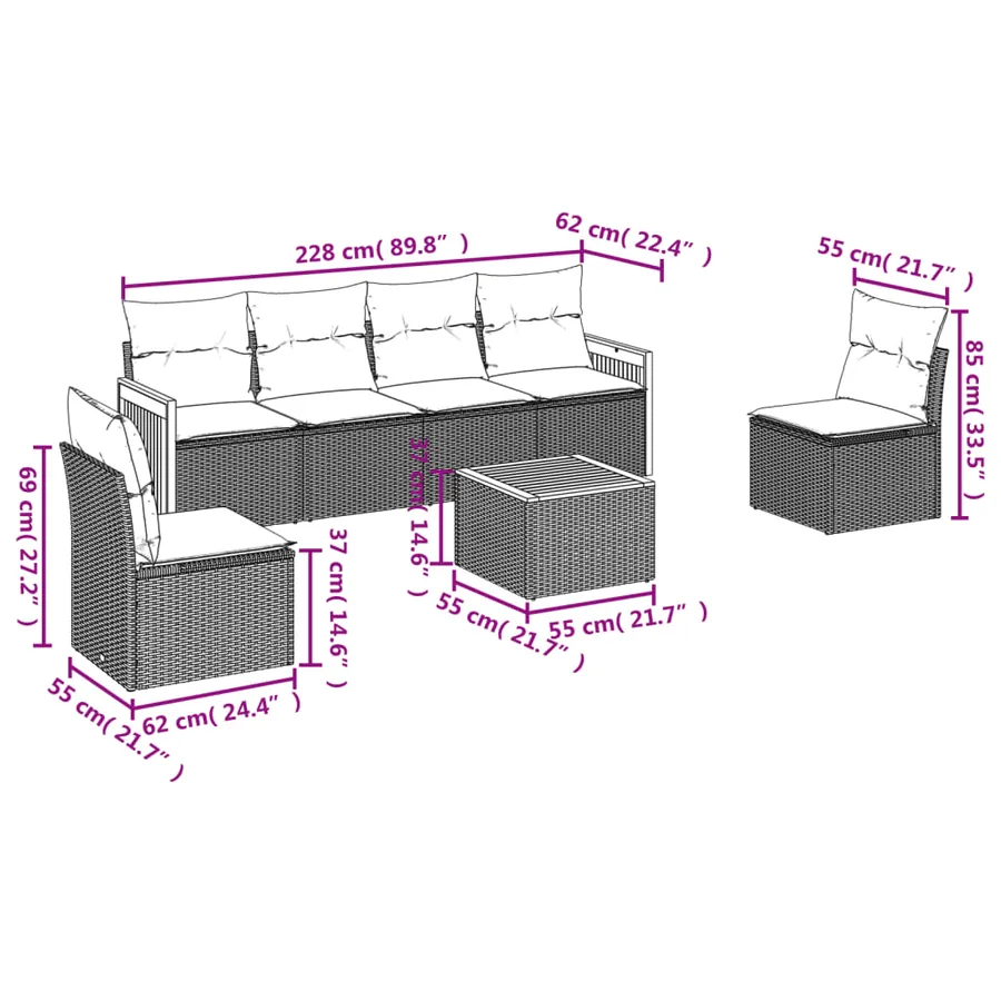 Salon de jardin 7 pcs avec coussins noir résine tressée 55 x 62 x 69 cm - 59,4 kg - 3