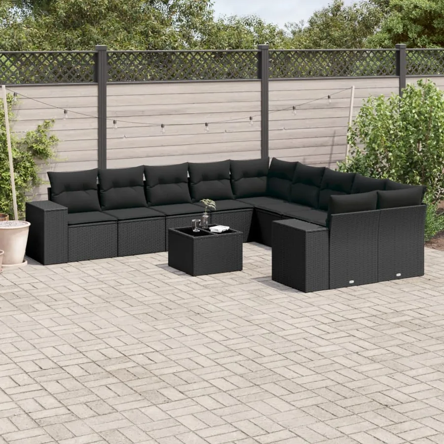 Salon de jardin 11 pcs avec coussins noir résine tressée