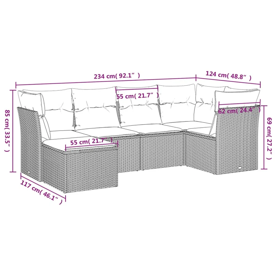 Salon de jardin 6 pcs avec coussins noir résine tressée - 7