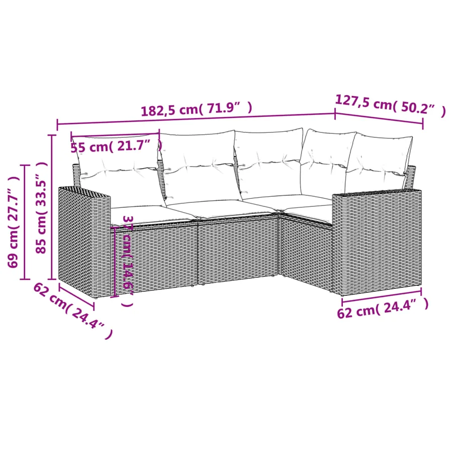 Salon de jardin 4 pcs avec coussins noir résine tressée - 7