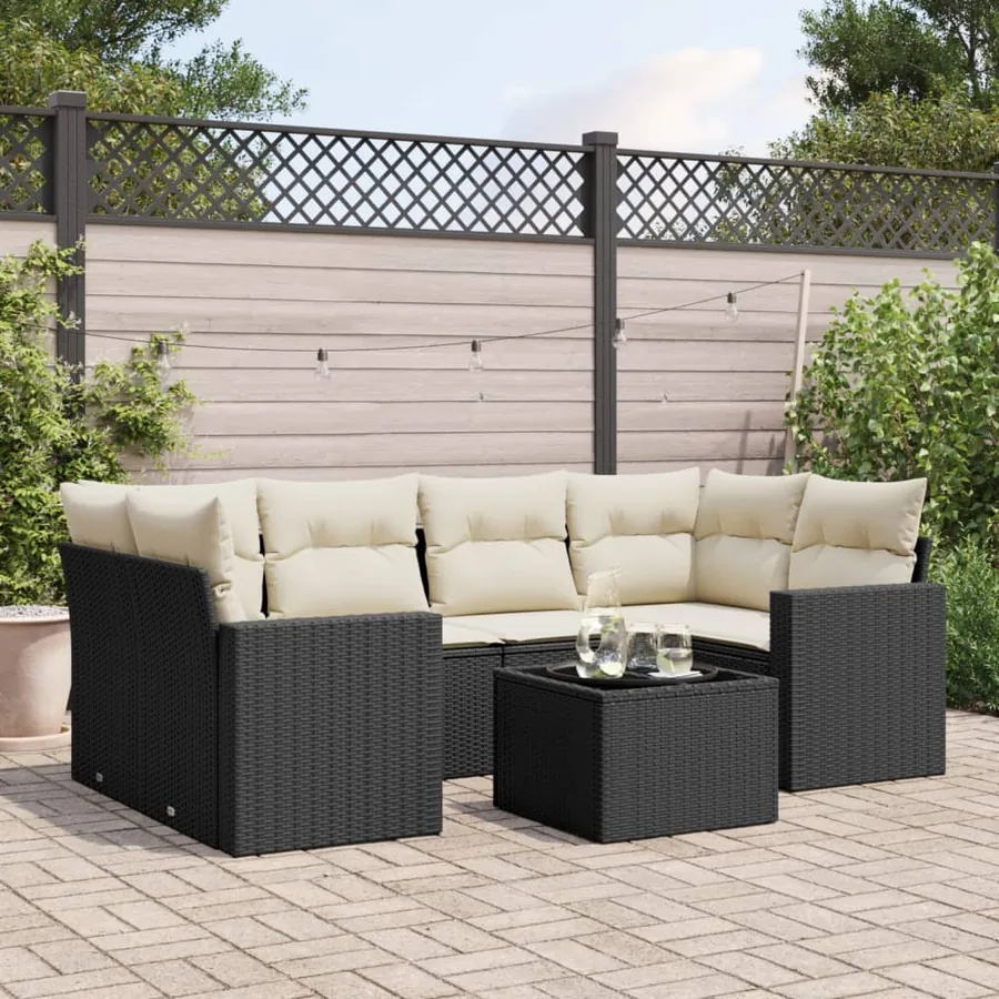Salon de jardin 7 pcs avec coussins noir résine tressée 65,5 x 62 x 69 cm - 58,8 kg