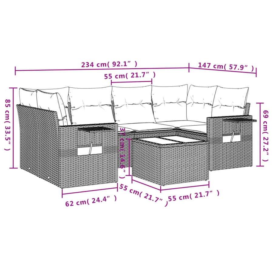 Salon de jardin 7 pcs avec coussins noir résine tressée 62 x 62 x 69 cm - 60,1 kg - 9