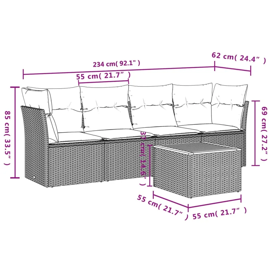 Salon de jardin 5 pcs avec coussins noir résine tressée - 3