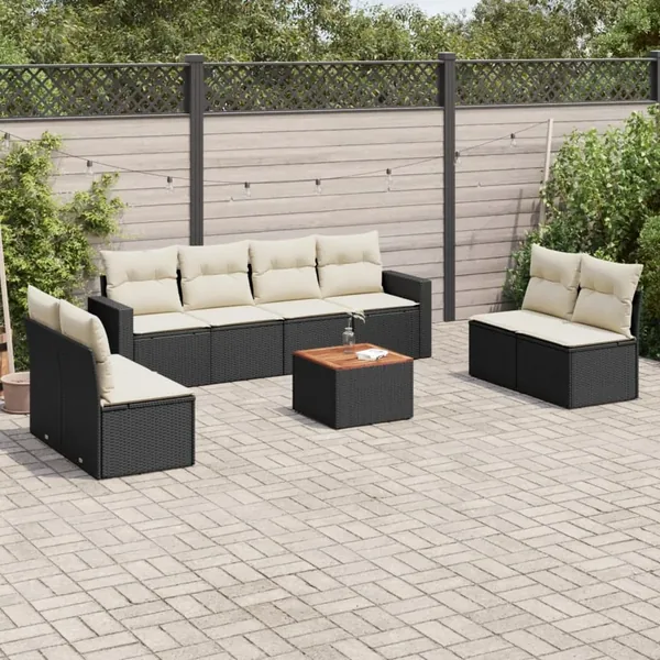 Salon de jardin 9 pcs avec coussins noir résine tressée