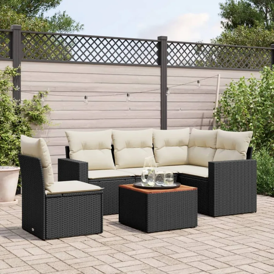 Salon de jardin 6 pcs avec coussins noir résine tressée