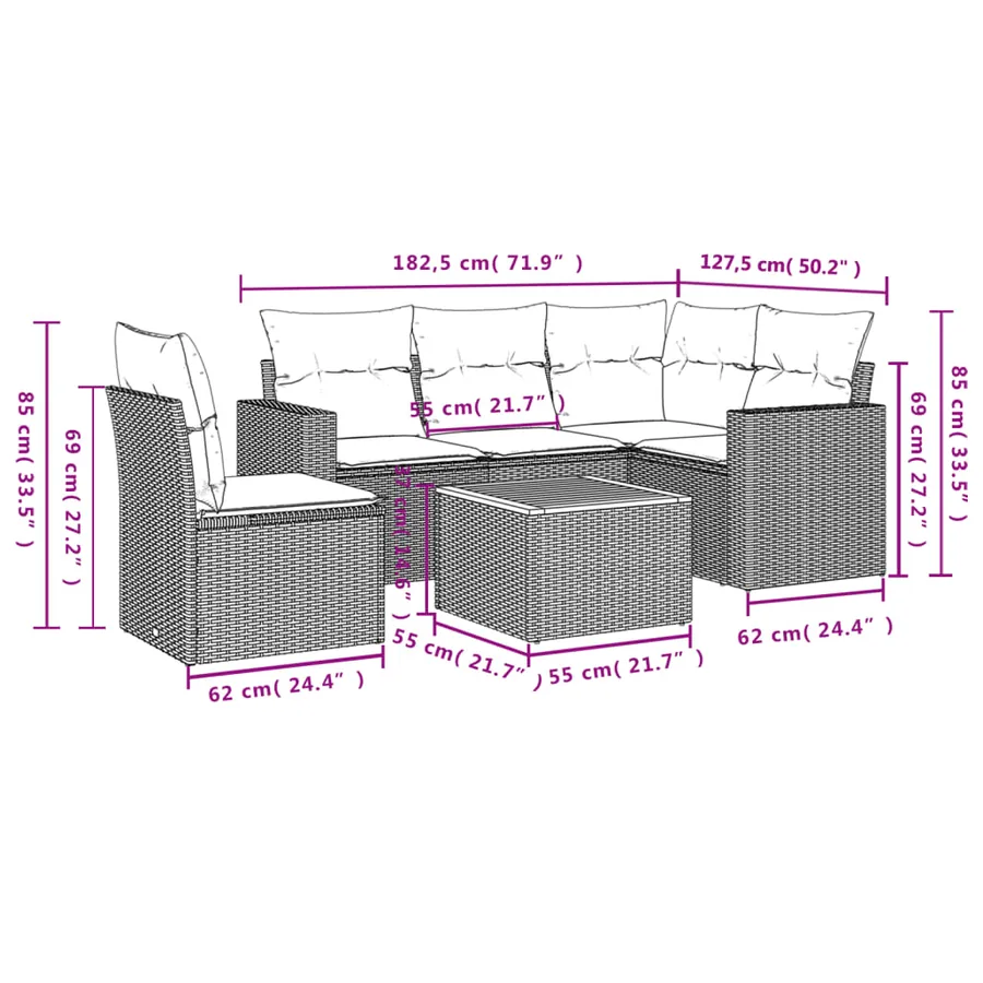 Salon de jardin 6 pcs avec coussins noir résine tressée - 3