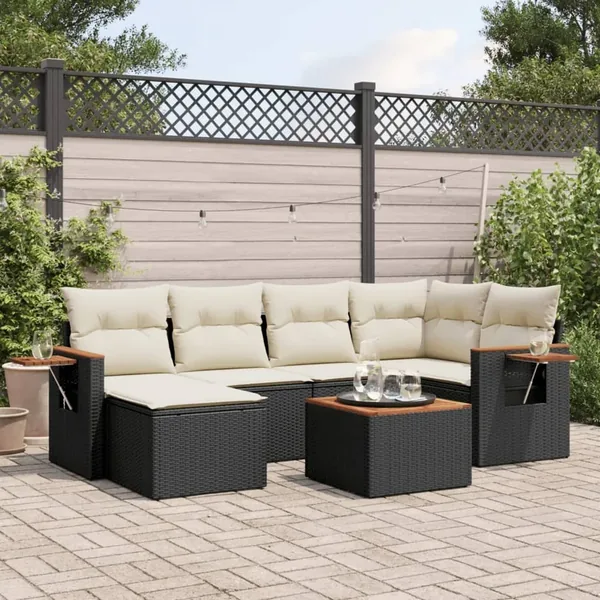 Salon de jardin 7 pcs avec coussins noir résine tressée 62 x 62 x 69 cm - 58,3 kg
