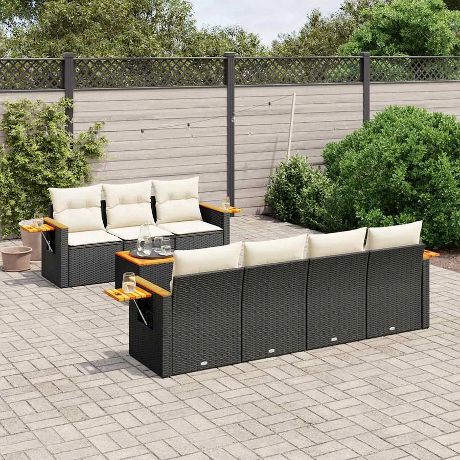 Salon de jardin 8 pcs avec coussins noir résine tressée