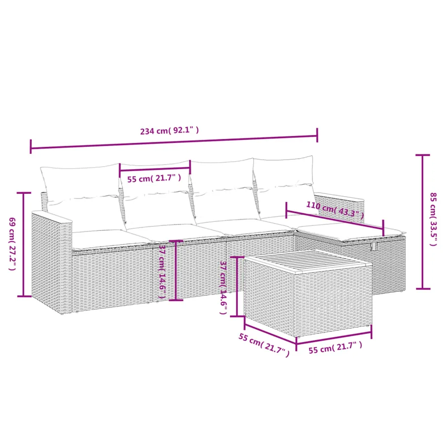 Salon de jardin 6 pcs avec coussins noir résine tressée - 4