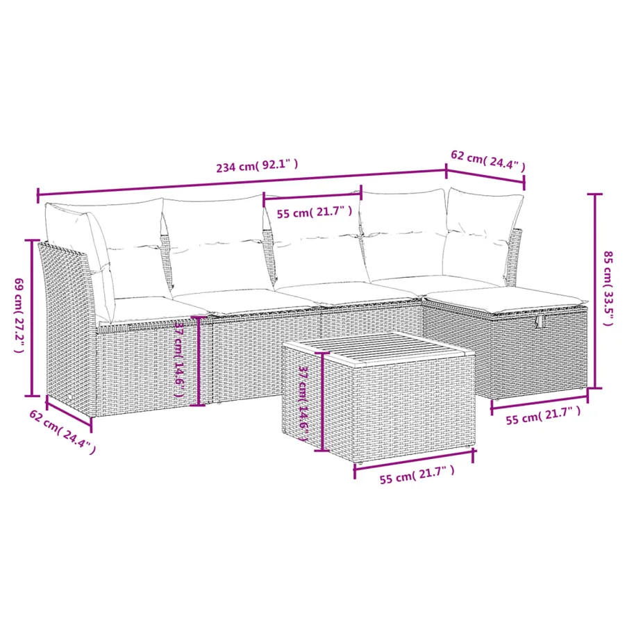 Salon de jardin 6 pcs avec coussins noir résine tressée - 4