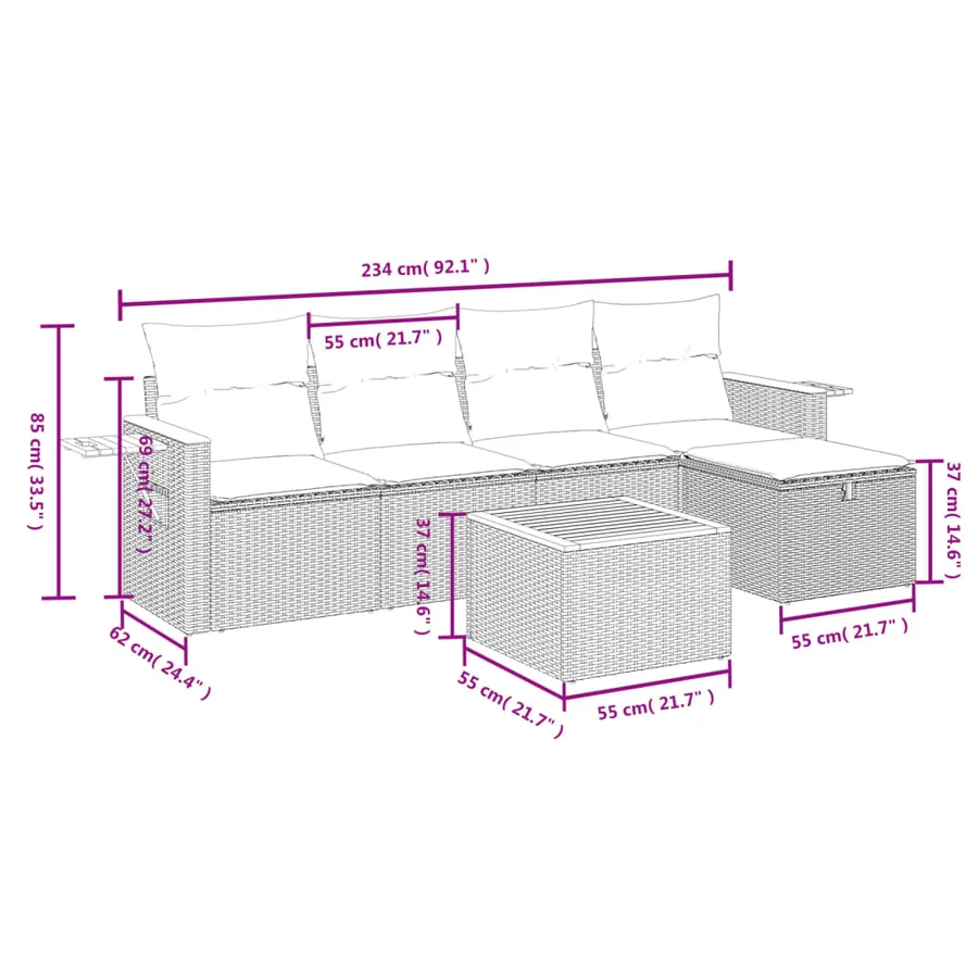 Salon de jardin 6 pcs avec coussins noir résine tressée - 4