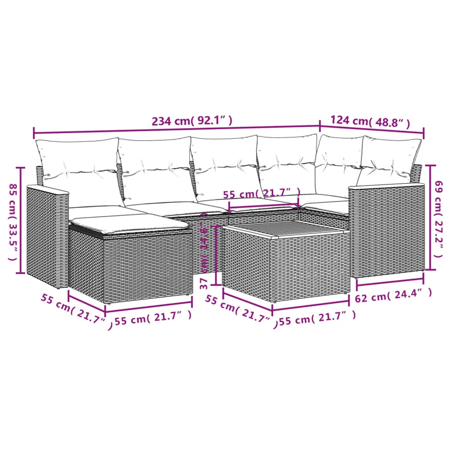Salon de jardin 7 pcs avec coussins noir résine tressée 62 x 62 x 69 cm - 56,3 kg - 9