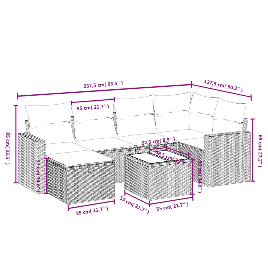 Salon de jardin 7 pcs avec coussins noir résine tressée 62 x 62 x 69 cm - 56,3 kg - 4