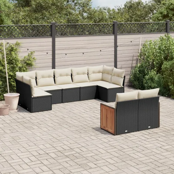 Salon de jardin 9 pcs avec coussins noir résine tressée