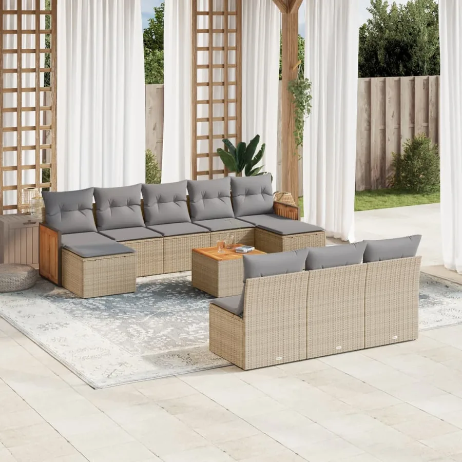 Salon de jardin 11 pcs avec coussins beige résine tressée