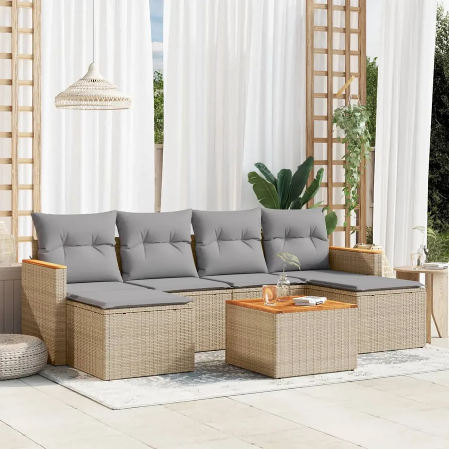 Salon de jardin avec coussins 7 pcs beige résine tressée