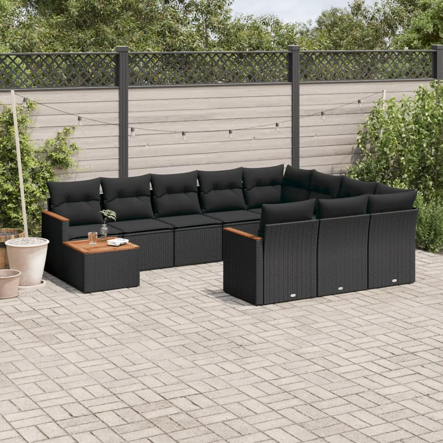 Salon de jardin 11 pcs avec coussins noir résine tressée
