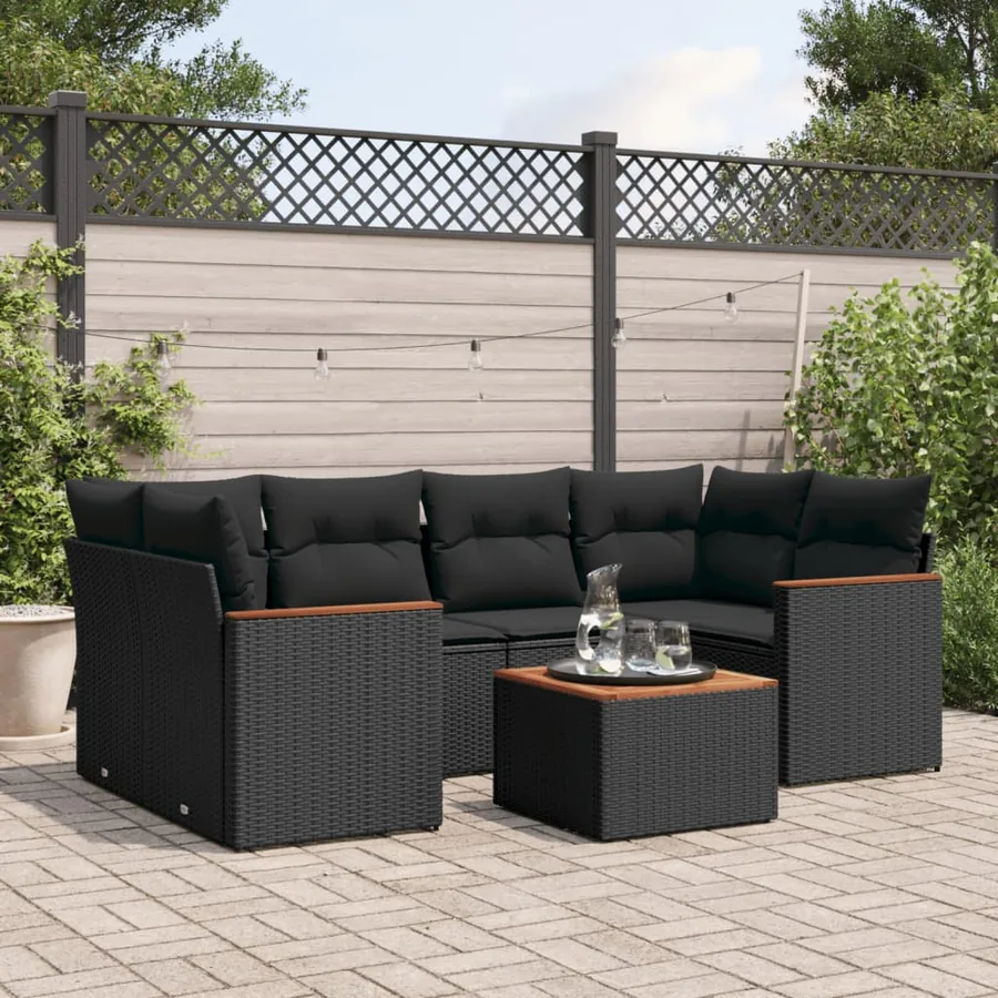 Salon de jardin 7 pcs avec coussins noir résine tressée 62 x 62 x 69 cm - 62,2 kg