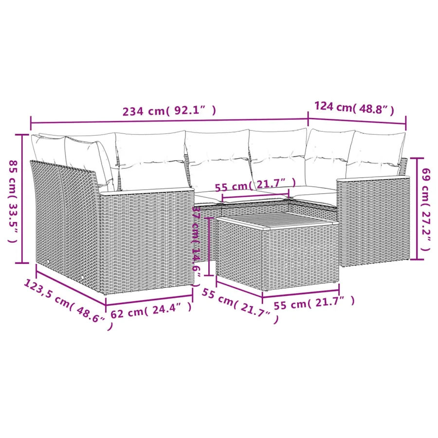 Salon de jardin 7 pcs avec coussins noir résine tressée 62 x 62 x 69 cm - 62,2 kg - 3