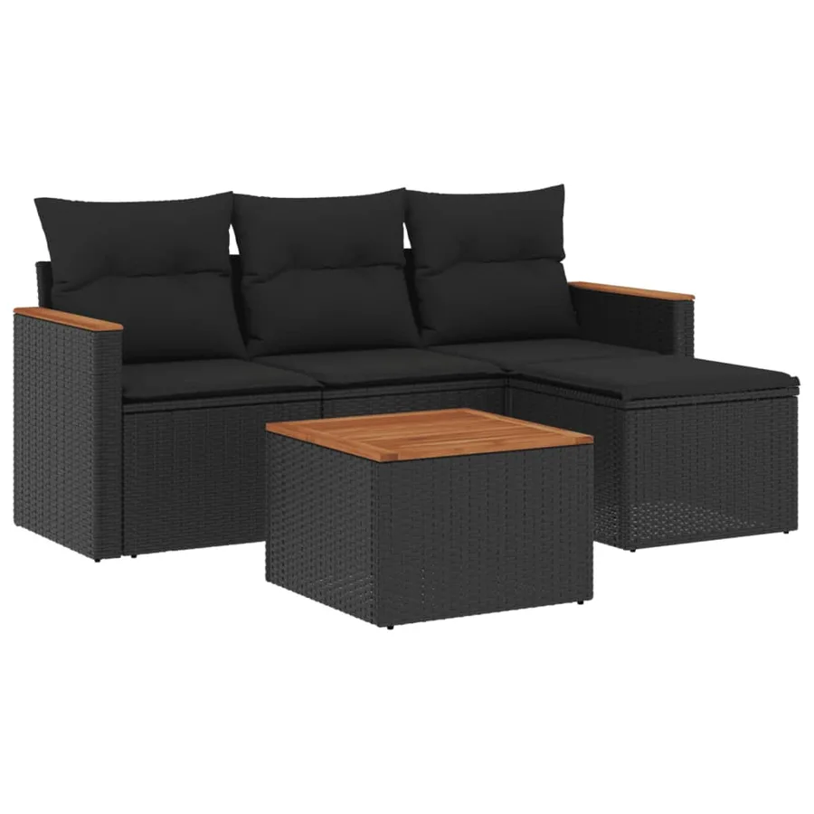Salon de jardin 5 pcs avec coussins noir résine tressée - 2