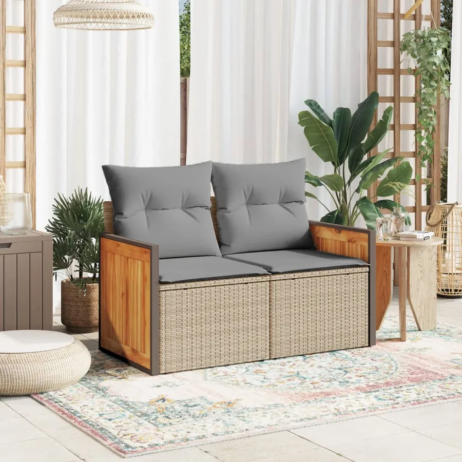 Canapé de jardin avec coussins 2 places beige résine tressée - 3