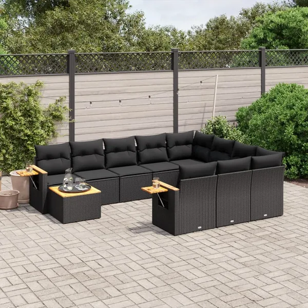 Salon de jardin 11 pcs avec coussins noir résine tressée