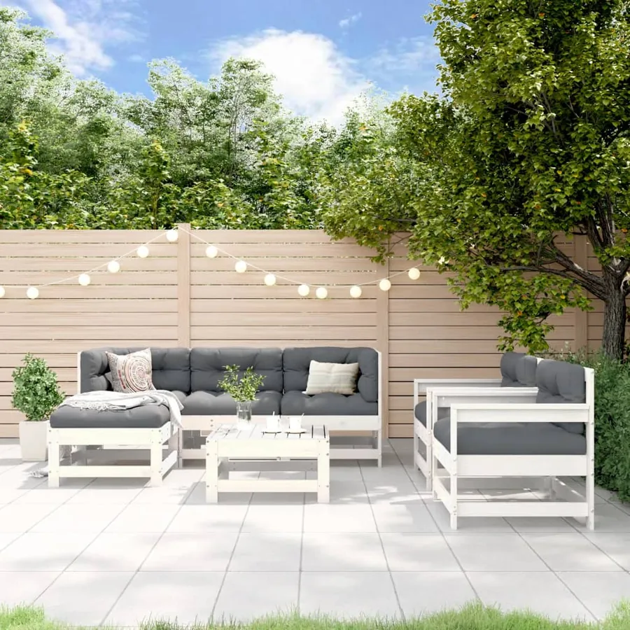 Salon de jardin 7 pcs Blanc Bois de pin massif