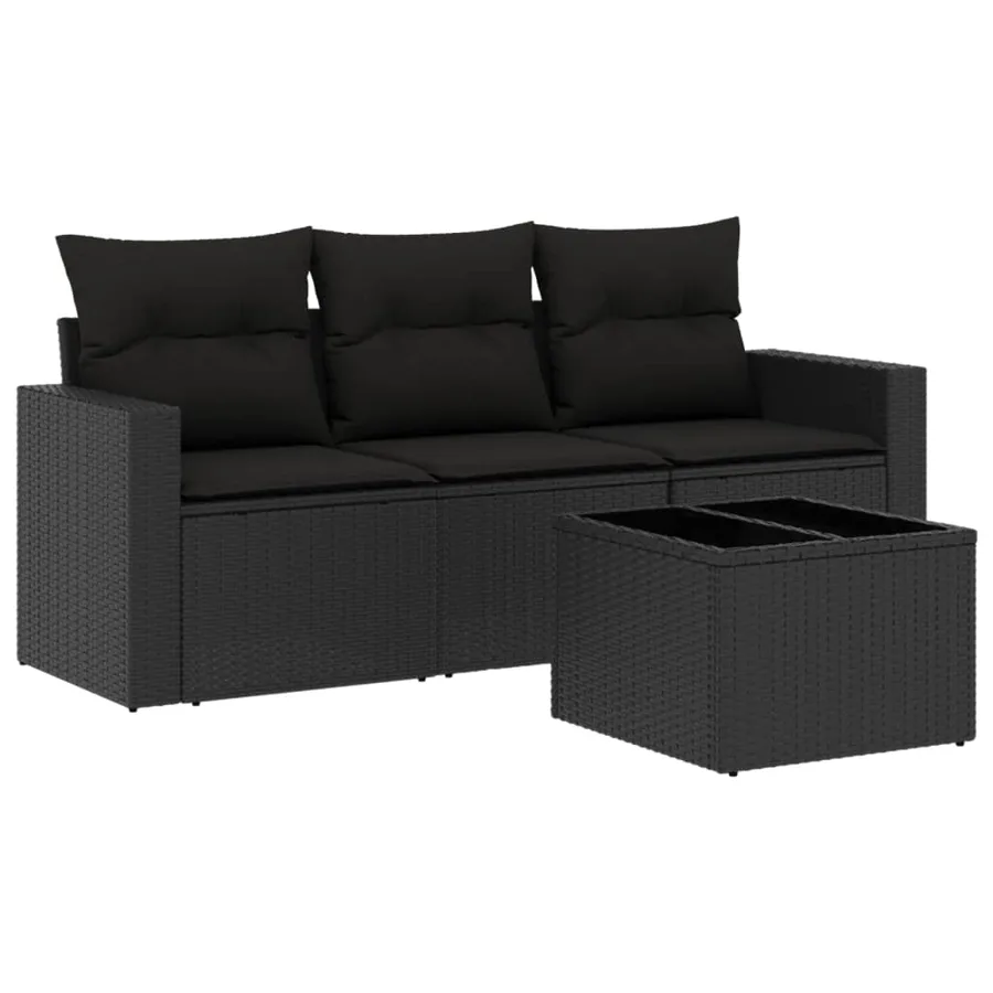 Salon de jardin 4 pcs avec coussins noir résine tressée - 2
