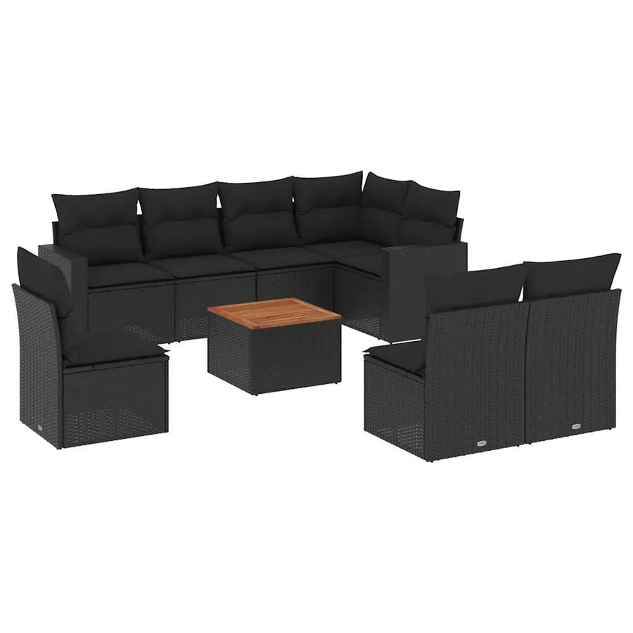 Salon de jardin 9 pcs avec coussins noir résine tressée - 2