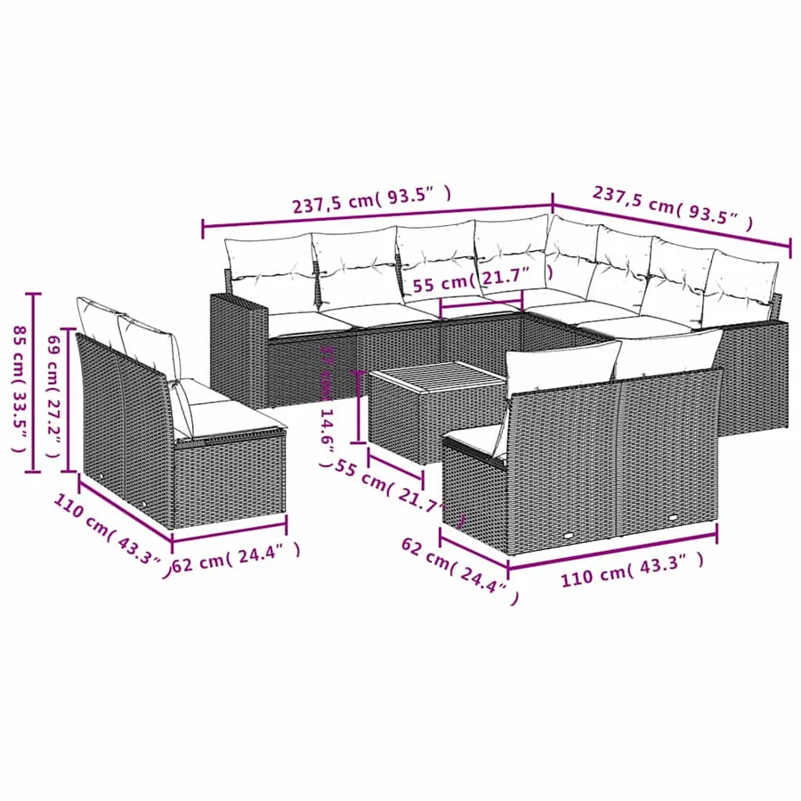 Salon de jardin 12 pcs avec coussins noir résine tressée - 12