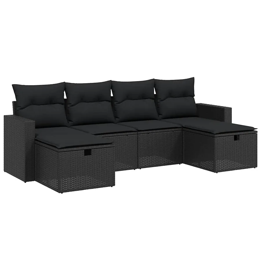 Salon de jardin 6 pcs avec coussins noir résine tressée - 2