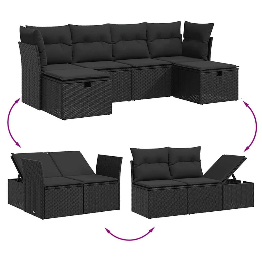 Salon de jardin 6 pcs avec coussins noir résine tressée - 3