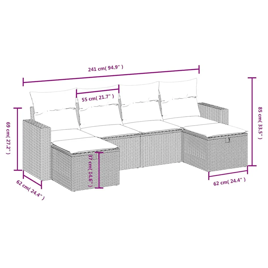 Salon de jardin 6 pcs avec coussins noir résine tressée - 4