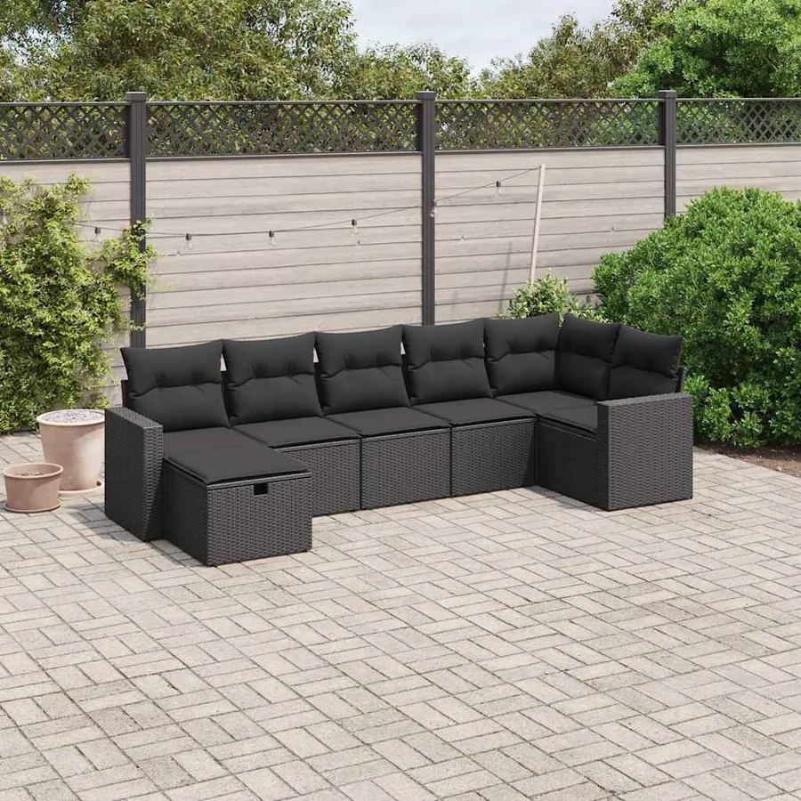 Salon de jardin 7 pcs avec coussins noir résine tressée 62 x 62 x 69 cm - 53,9 kg