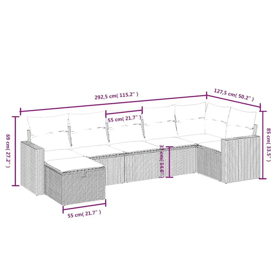 Salon de jardin 7 pcs avec coussins noir résine tressée 62 x 62 x 69 cm - 53,9 kg - 4