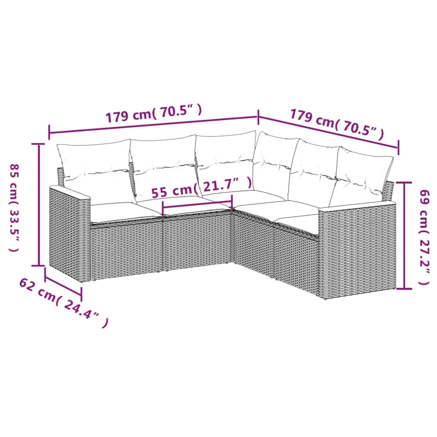 Salon de jardin 5 pcs avec coussins noir résine tressée - 7