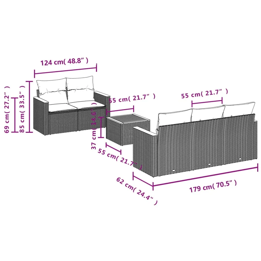 Salon de jardin 6 pcs avec coussins noir résine tressée - 7