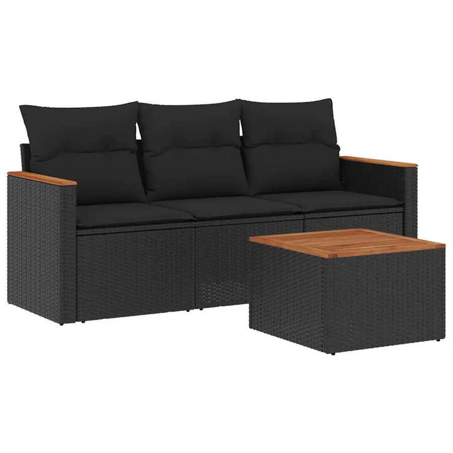 Salon de jardin 4 pcs avec coussins noir résine tressée - 2